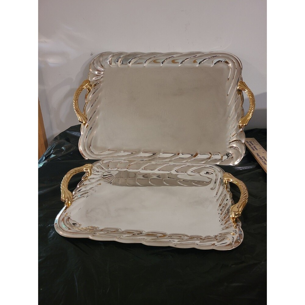 Silver Plated Set Of 2 Serving Platters With Goldtone Handles 2 Sizes